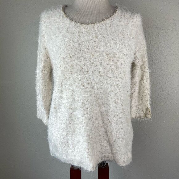 Chicos Fuzzy Gold Metallic Sweater Top Size 1P EUC - Picture 1 of 9